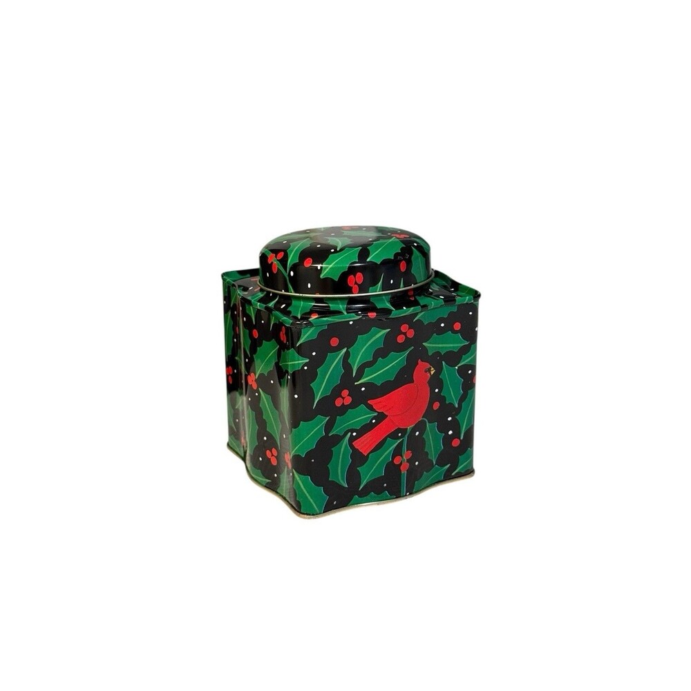 Vintage Hong Kong Holly Berry & Red Cardinal Christmas EMPTY Tin with Lid
